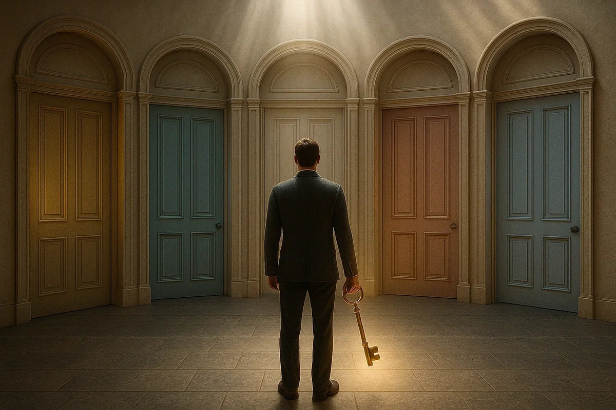 A person holding a key and considering several doors, representing choices for applying signature strengths