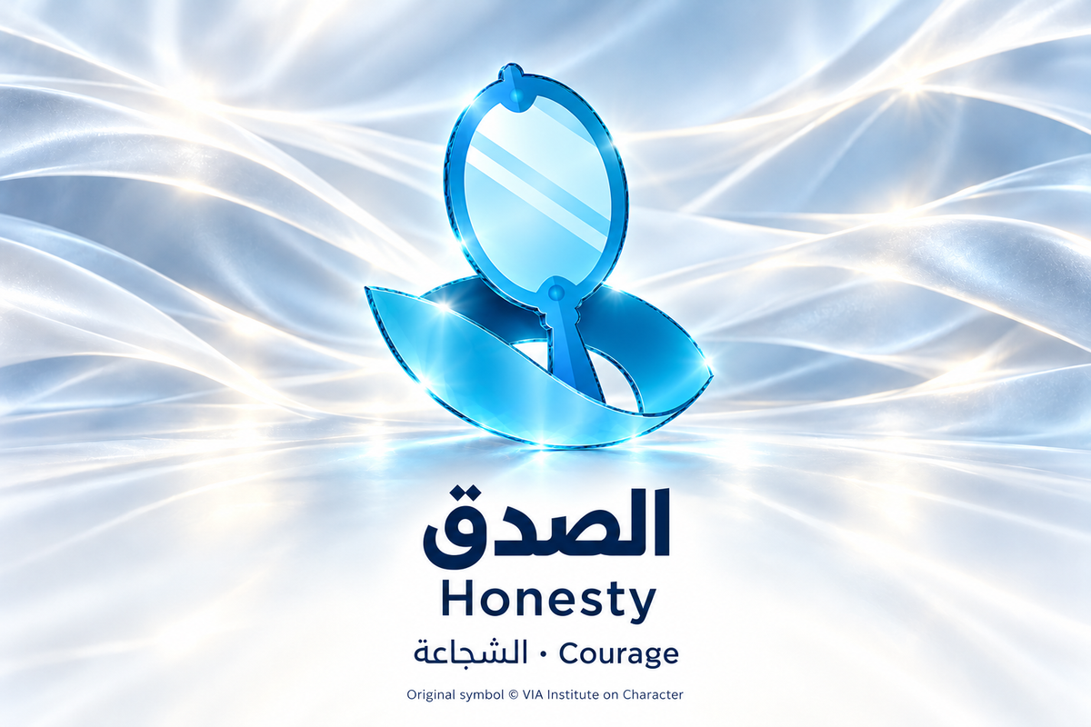 الصدق — الشجاعة | Honesty — Courage. Blue glass illustration based on the original VIA Institute on Character symbol.