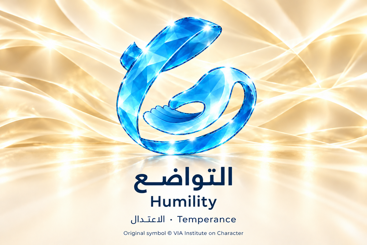 التواضع — الاعتدال | Humility — Temperance. Blue glass illustration based on the original VIA Institute on Character symbol.