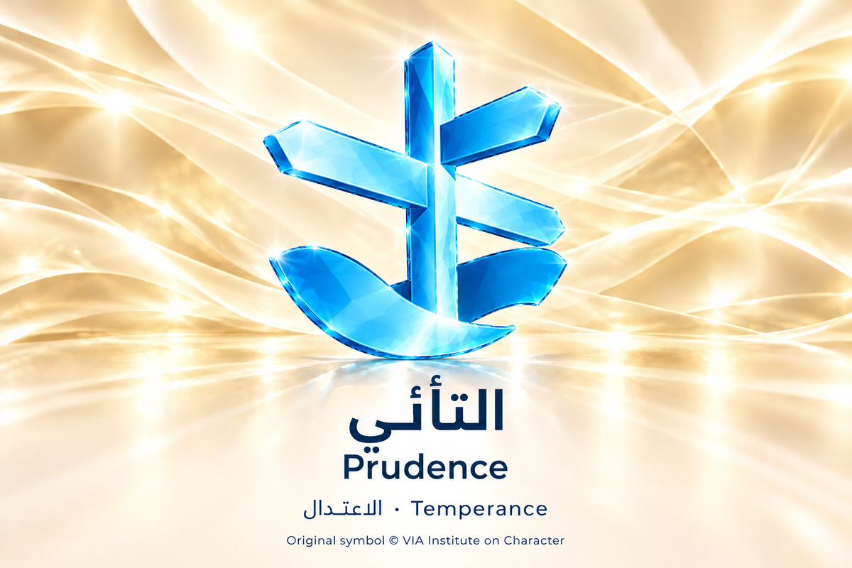 التأنّي — الاعتدال | Prudence — Temperance. Blue glass illustration based on the original VIA Institute on Character symbol.