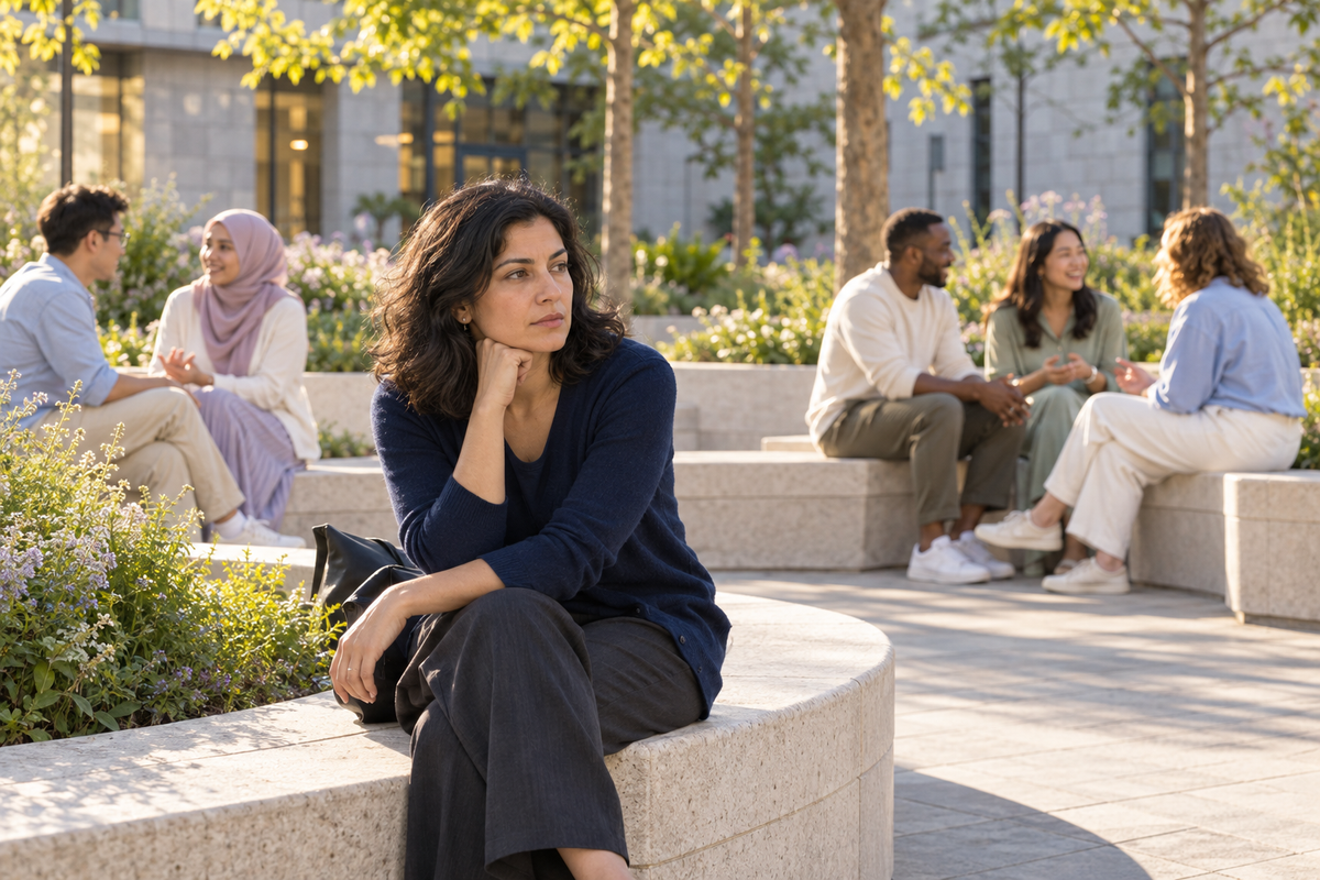 A woman in dark navy sits alone in a sunlit courtyard while small groups in lighter clothing converse nearby.