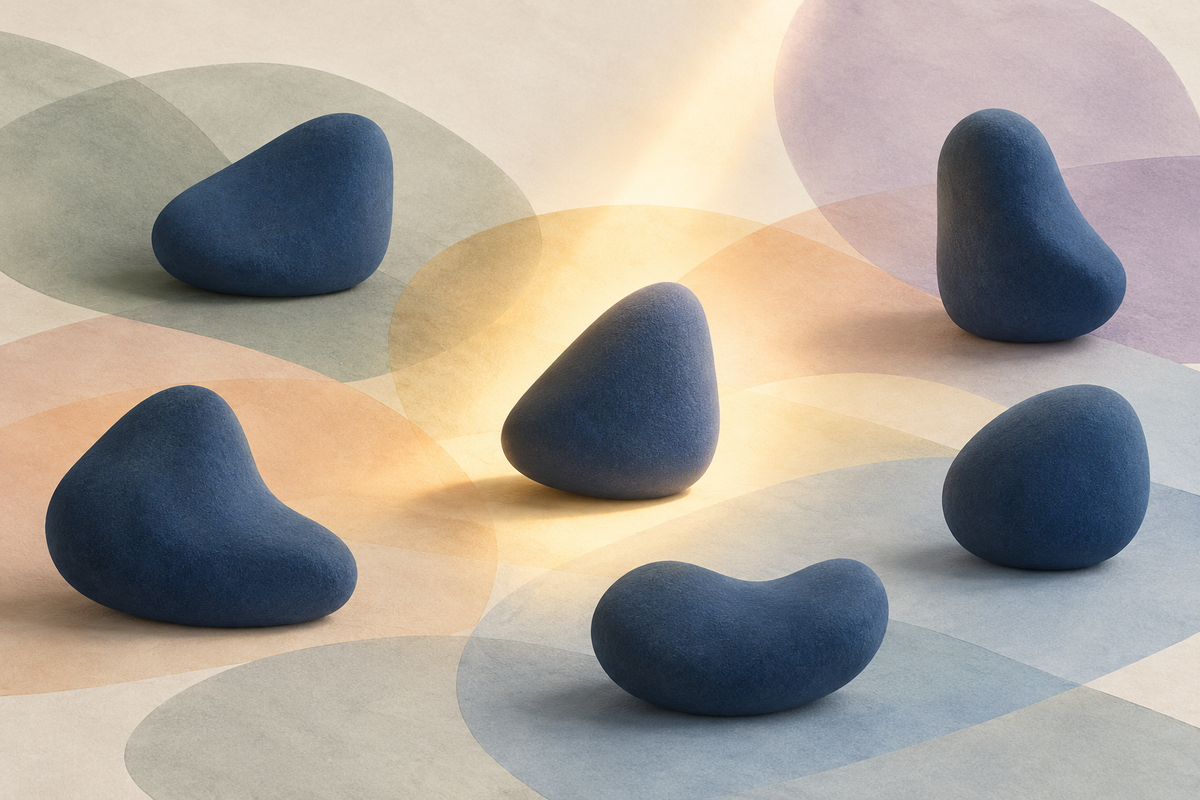 Abstract blue forms representing less prominent character strengths.